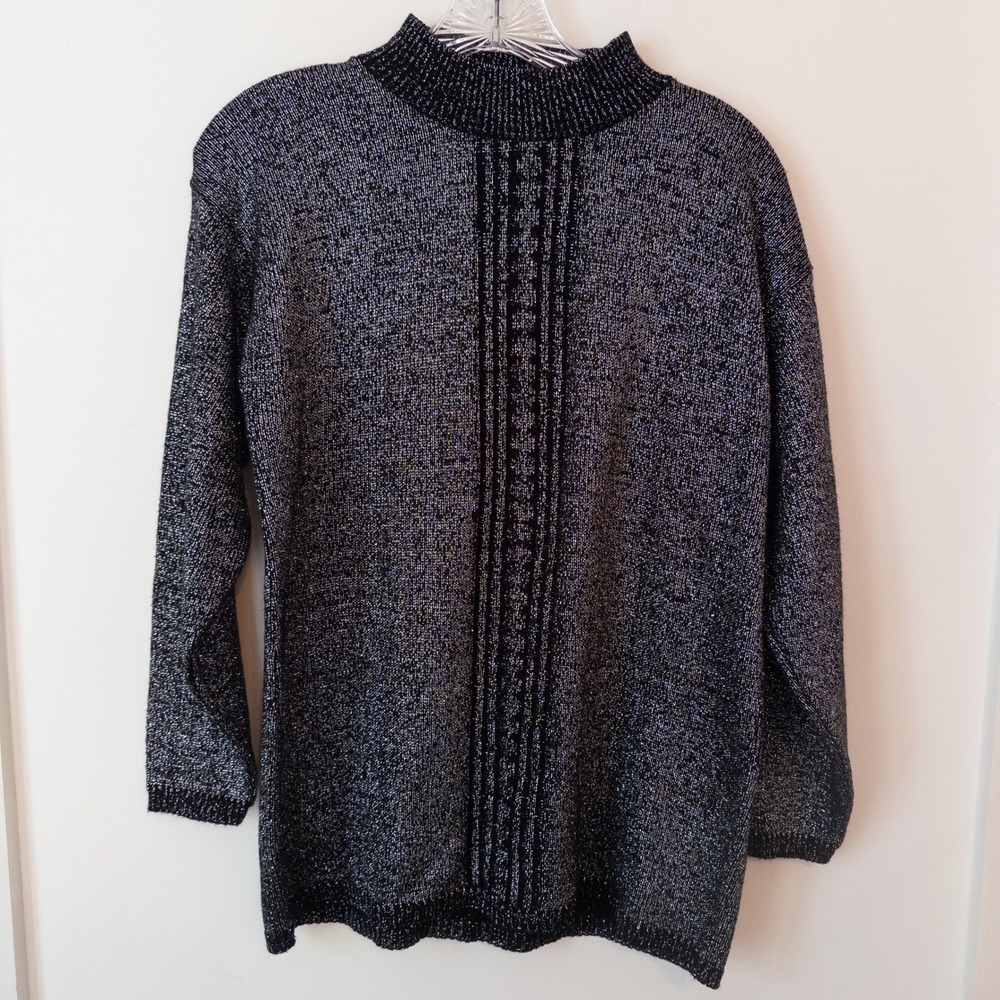 Vintage Black‎ Silver Metallic Sweater Womens Petite M Sparkle Holiday Party 90s